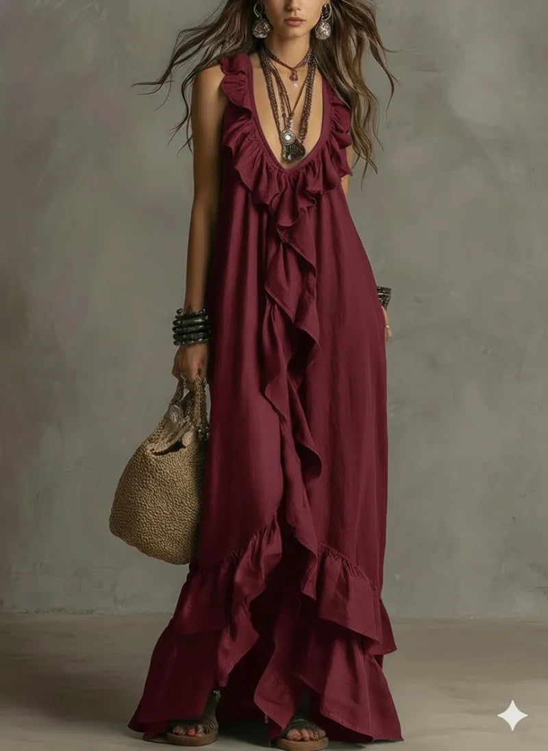 Boho Ruffled Maxi Dress Deep V Sleeveless Cascading Ruffle Loose Flowy Floor Length Beach Vacation Casual Long Dresses Cover Up