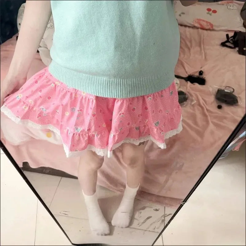 Japanese Sweet Skirt Strawberry Bunny Print Y2k Retro Bow Lace Kawaii Harajuku Subculture Casual Bottoms 2026 Summer Streetwear