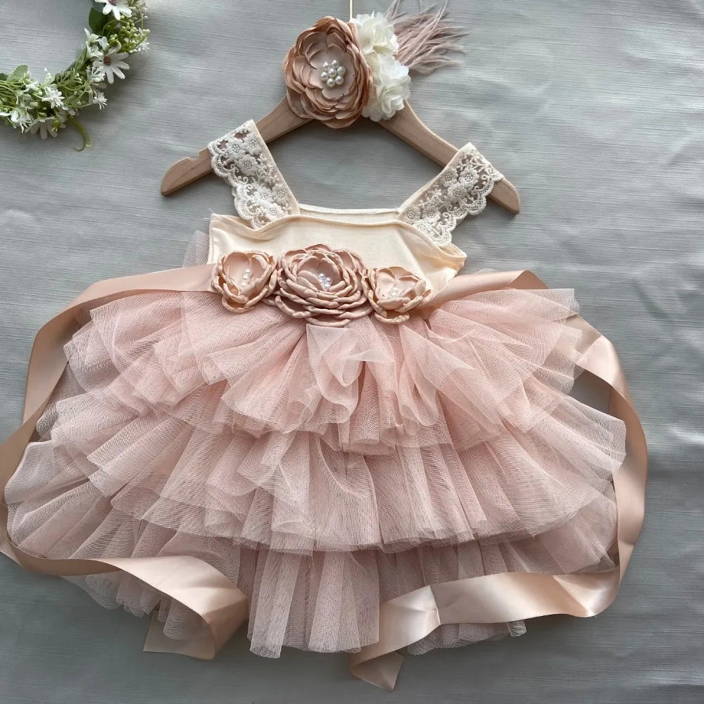 Toddler Baby Girls 1st Birthday Dress for Kids Flowers Girls Wedding Costume Belt Headband 3pcs Outfit Set Child Princess Gown