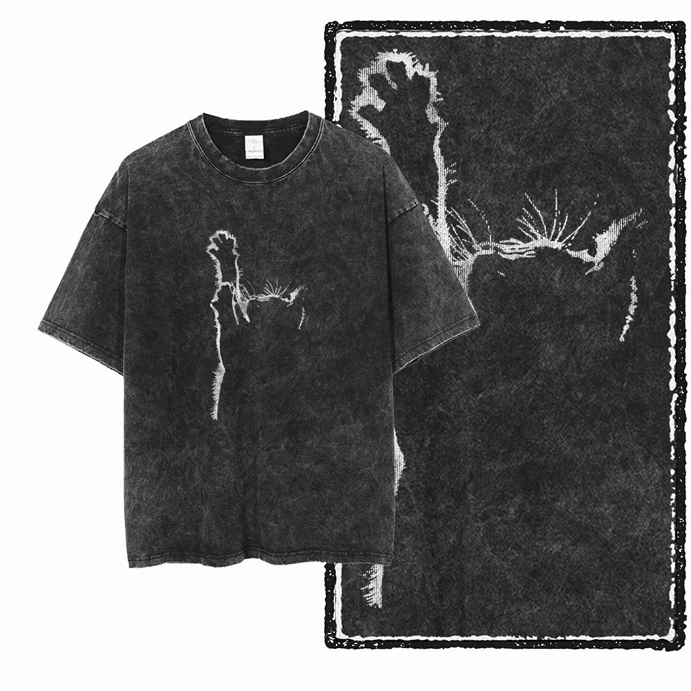 Coolmind Db Cat Printed Acid Washed Cotton T Shirt Unisex Exclusive Graphic Streetwear Tee For Men Big Size