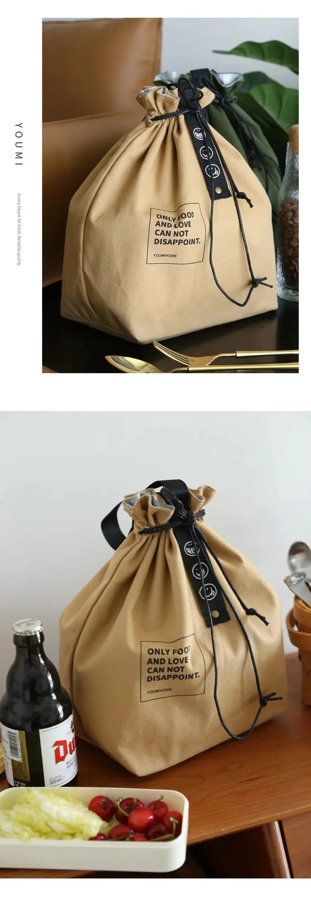 Bolsa de Picnic Portátil de Lona, Diseño con Cordón para Mantener Fresco, Bolsa Térmica Aislada para el Almuerzo Escolar