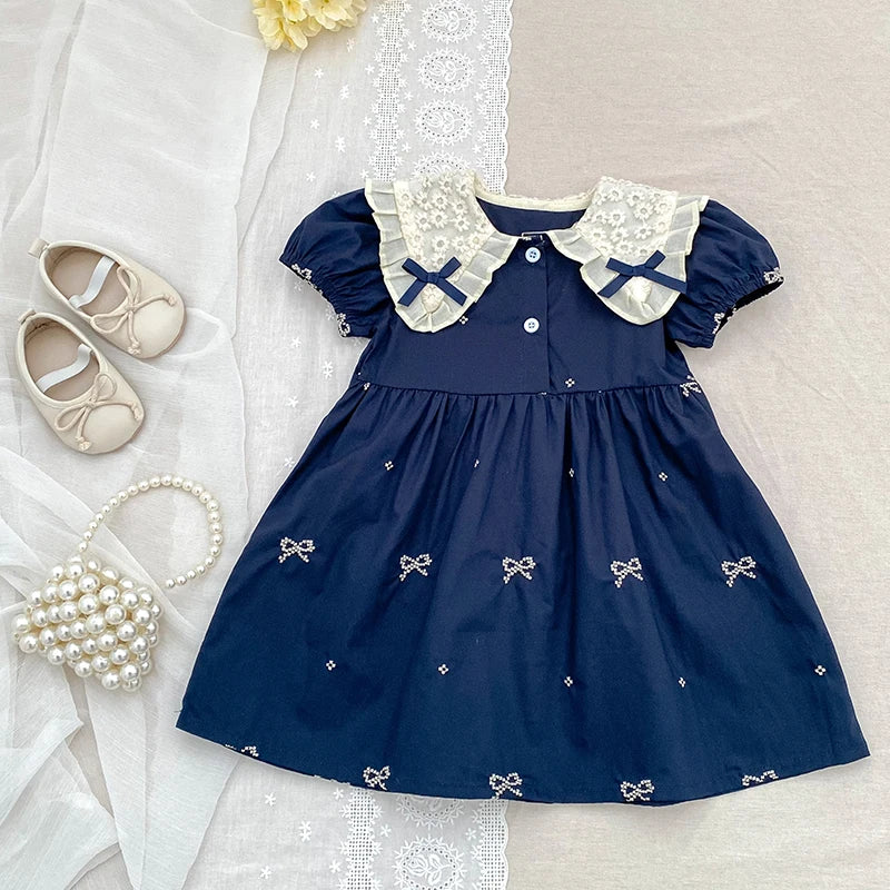 Girls Bow Princess Dress | Puff Sleeve Embroidery Party Dress