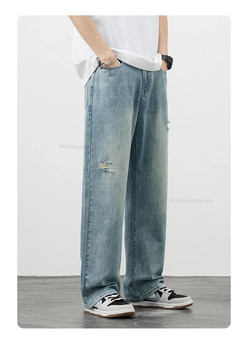 Korea Baggy Jeans Men's Vintage Straight Ripped Y2k Pants Fashion Frayed High Street Distressed Denim Trousers Male Clothes