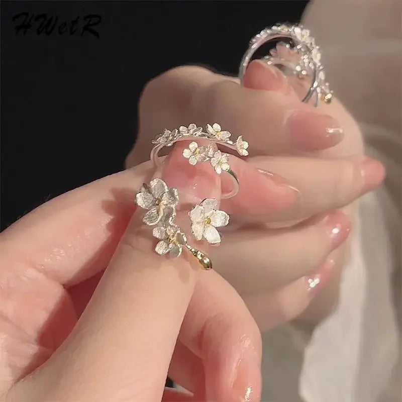 Delicate Flower Opening Adjustable Rings For Women'S Silver Color Minimalist Finger Ring Engagement Jewelry Female