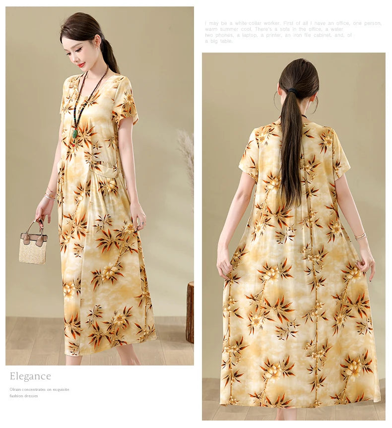 New Fashion Casual Summer Dresses For Women 2026 Loose Plus Size Clothes Elegant printting O-neck Short Sleeve Woman Clothing