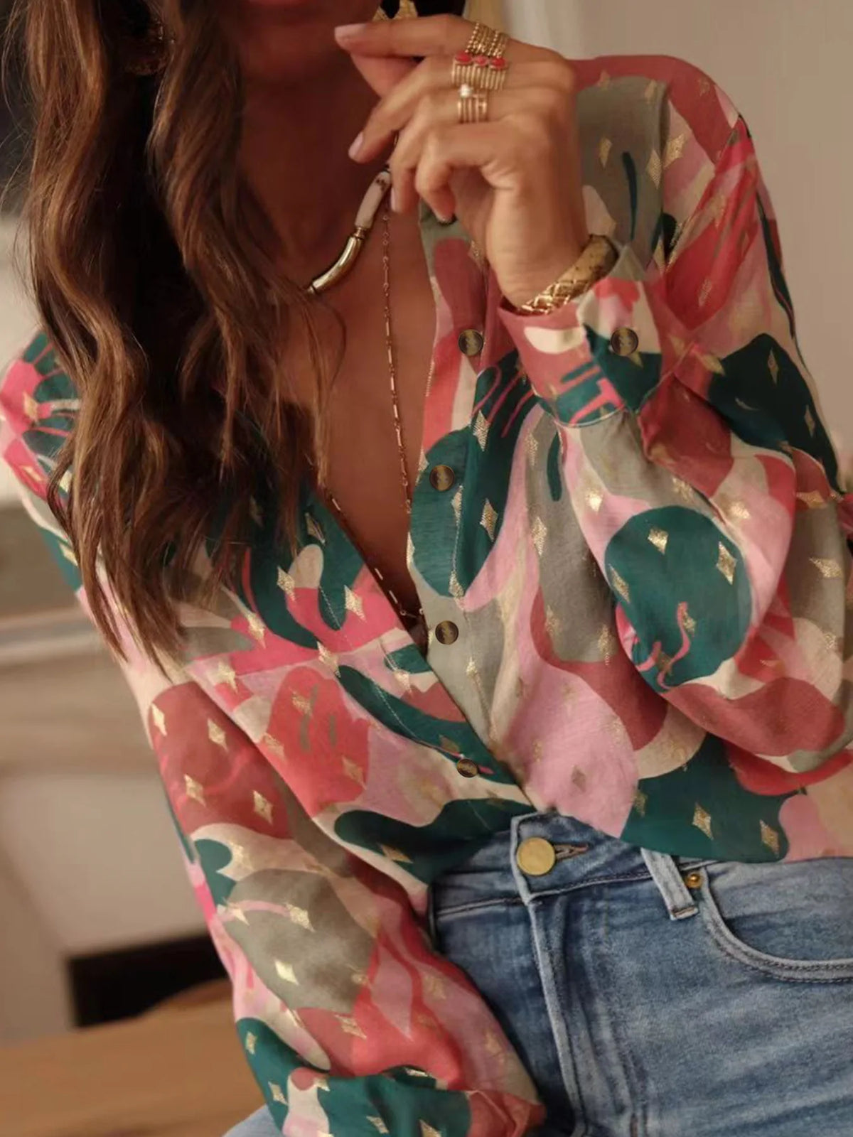 Women's Casual Printed Collar Shirt - Long Sleeve Loose Fit Top