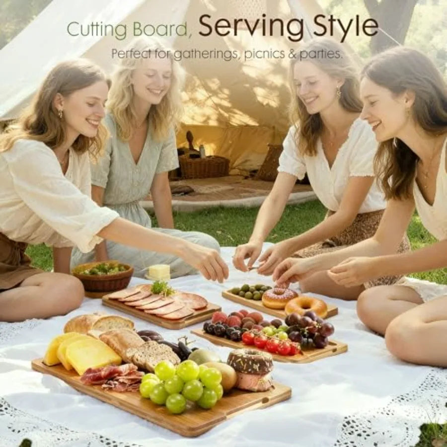 Bamboo Cutting Boards for Kitchen with Wood Storage Stand, Reversible Charcuterie and Chopping Boards with Juice Grooves and Ea