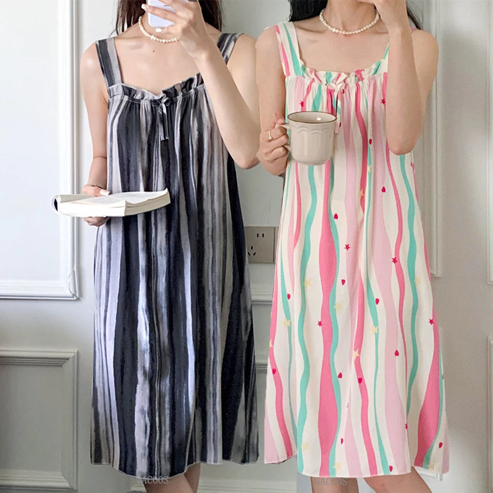 Korean Version of the Girl Sweet Summer Halter Nightgown Female Bowknot Full Print Sleeveless Loose Floral Sundress Home Dress