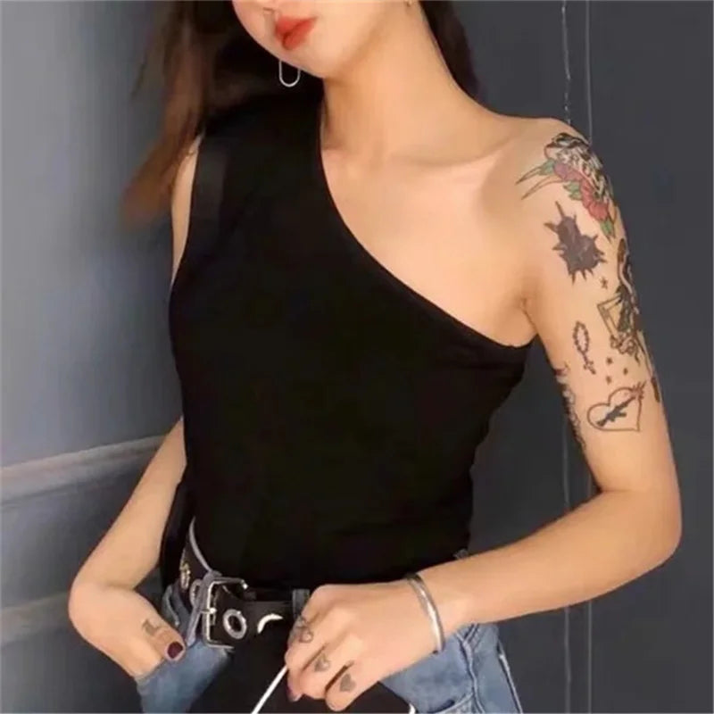 One Shoulder Cropped Tanks Top Women Summer Sleeveless Tanks Camis Sexy Oblique Collar Elastic Corset Slim Crop Tops Tube Lady
