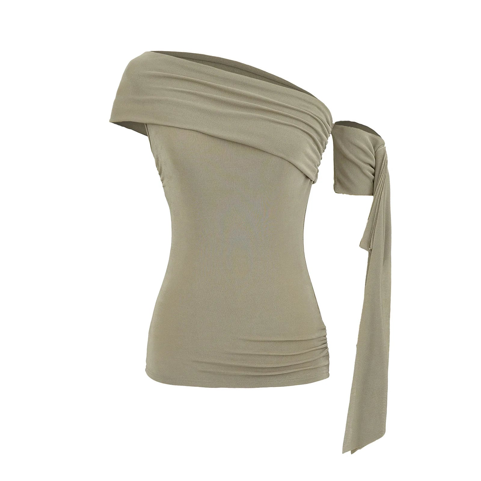 Sexy Pure Desire Short Sleeve T-Shirt Women's Spicy Girl Sash One Shoulder Tube Top Short Length Slim Fit Casual Noble