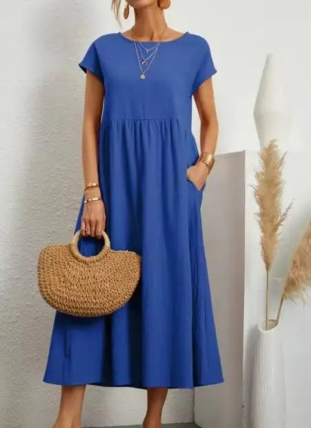 Customizable Fashion Solid Dress Women Cotton Linen O-Neck A-line Dress