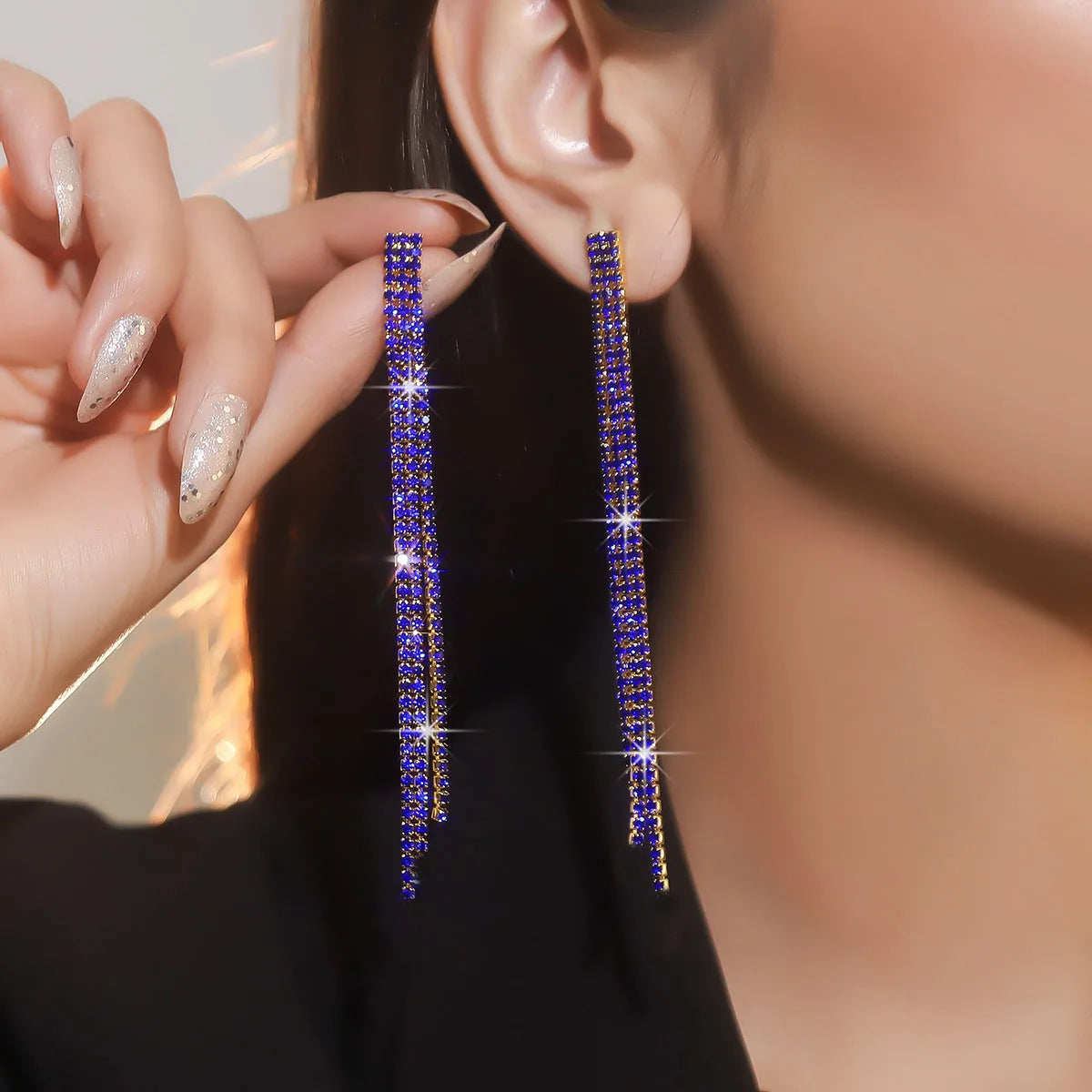 Treazy Shiny 4 Lines Rhinestone Crystal Tassel Long Earrings For Women'S Wedding Hanging Dangle Earrings Bridal Brincos