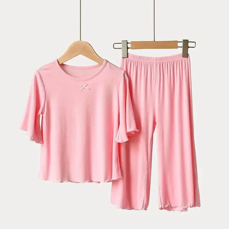 Sonkpuel Girls' 2-Piece Ice Silk Pajama Set - Short Sleeve Casual