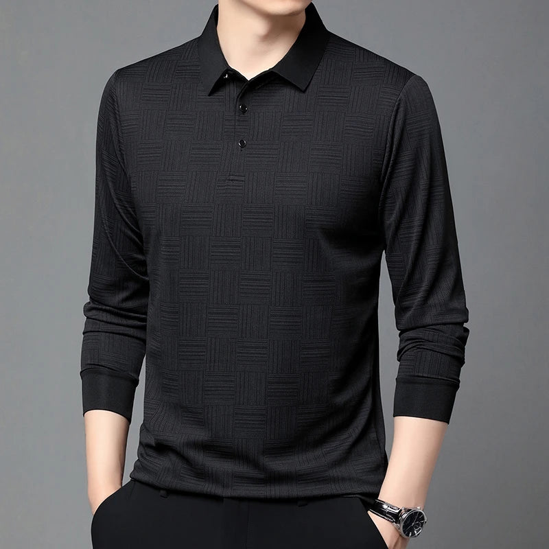 New Men's Business Casual Long Sleeved Shirt Solid Color Polo Shirt Fashionable Breathable Comfortable Versatile Top