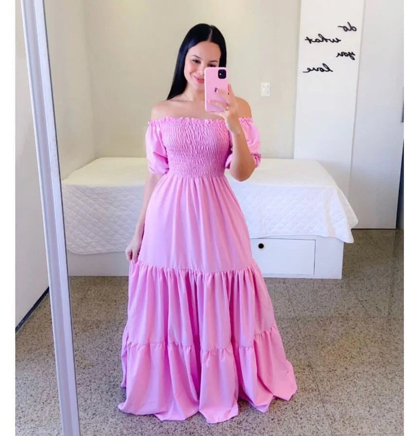 New Women's Boho Floral Dress Spring Summer European American Women's Clothing Off-shoulder Fragrant Long Solid Color Dress