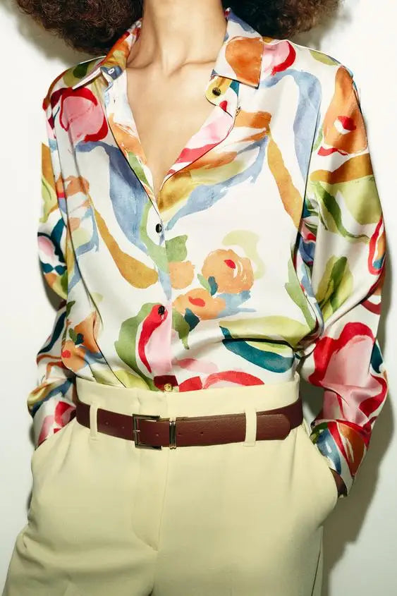Silk Satin Feel Floral Print Shirt for Women 2026 New Design Elegant Basic Style Long Sleeve Loose Fit Polyester Spring Fashion
