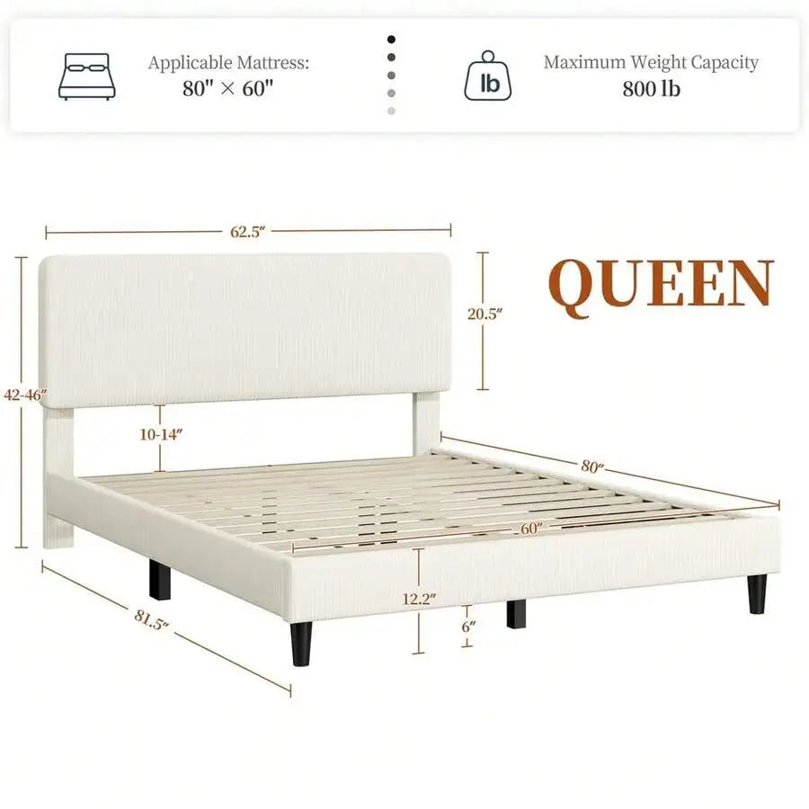 1PC Twin/Full/King Bed Frame With Adjustable Headboard, Mattress Foundation With Wooden Slat Support, Chenille Fabric Upholstered Headboard