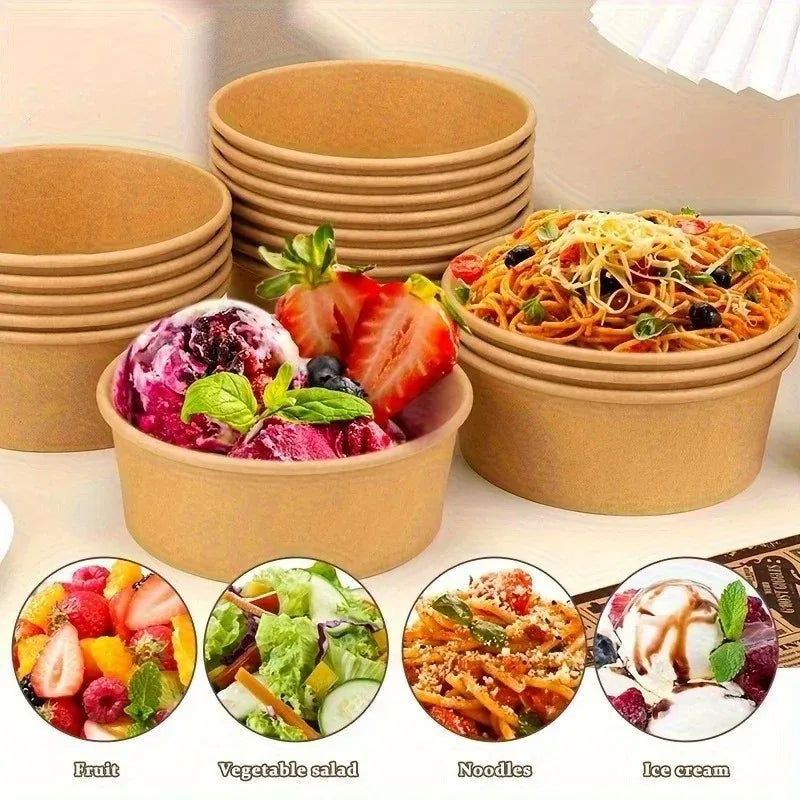10/20PCS Kraft Paper Round Bowls Disposable Lunch Bento Bowls with Lids Meal Prep Salad Noodles Bowls Party Fries Fast Box