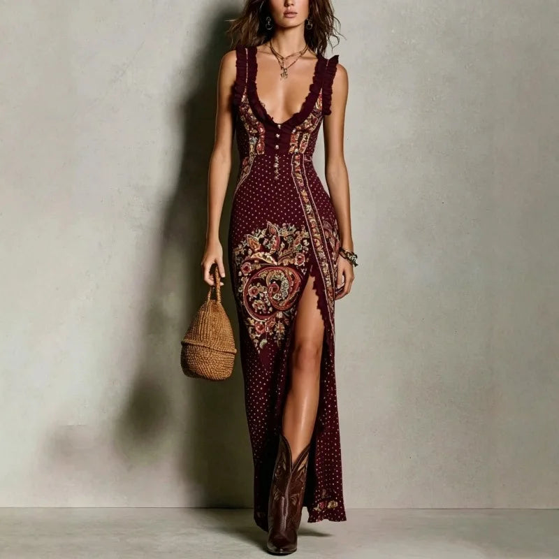 2026 European American Women Digital Print Sleeveless Vest Split Maxi Dress Vacation Style