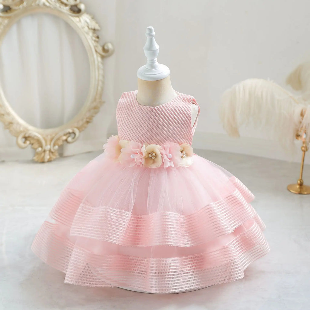 HETISO Girl Kid's Dress Flower Mesh Layered Striped Sleeveless Toddler Baby Party Gown for Girls 1-4 Years