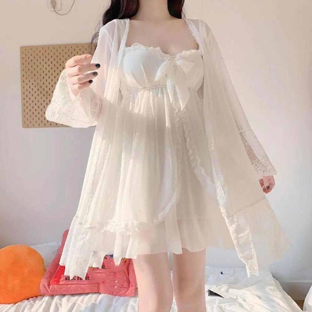 Lace Bowknot Women Pajama Dress Nightgown Sleeveless Homewear Sleeping Dress Robe Set Ruffle Sleepwear Sling Nightgown with Pads