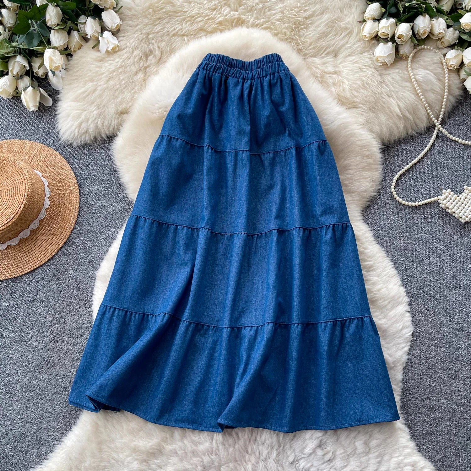 Korean Style A-Line  Skirt Women's Summer Slimming Elastic Waist Denim Patchwork Skirts City Commute Universal Long Skirts