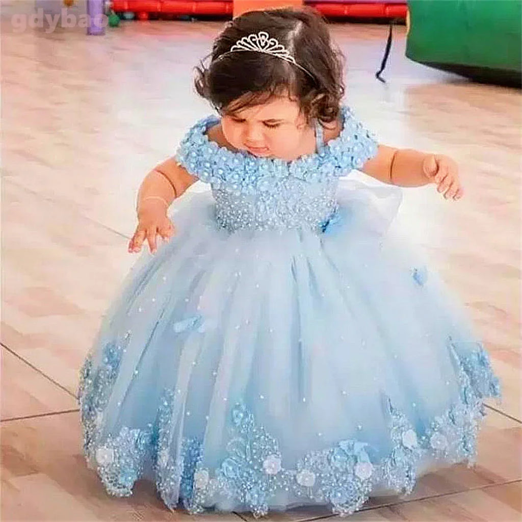 Quality Luxury Pink Pearl Applique Flower Girl Dress Little Princess For Wedding Ball Dresses Kids Birthday Party Evening Gowns