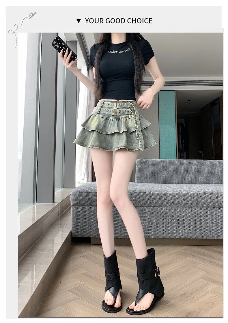 American Pure Desire Spicy Girl Design Elastic Denim Skirt Half-length Pleated Cake Skirt Short Commute High Elasticity