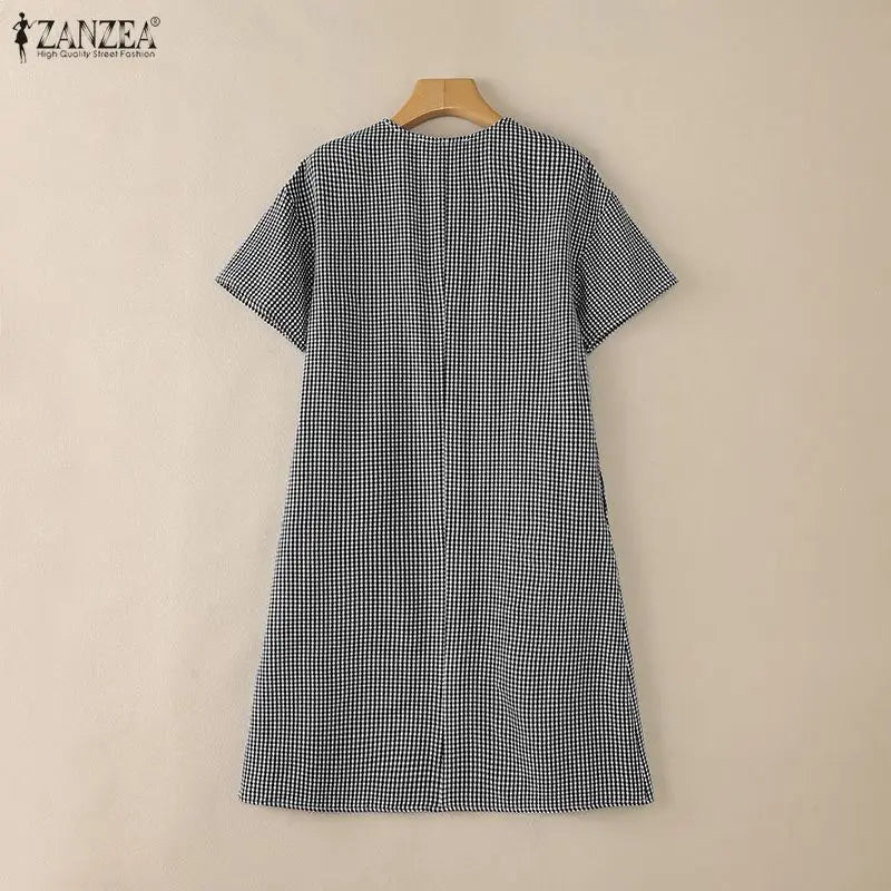 ZANZEA Women's Casual Gingham Short Dresses Turn-Down Collar Half-Button Short Sleeve Knee-Length Dress Summer Robes Femme