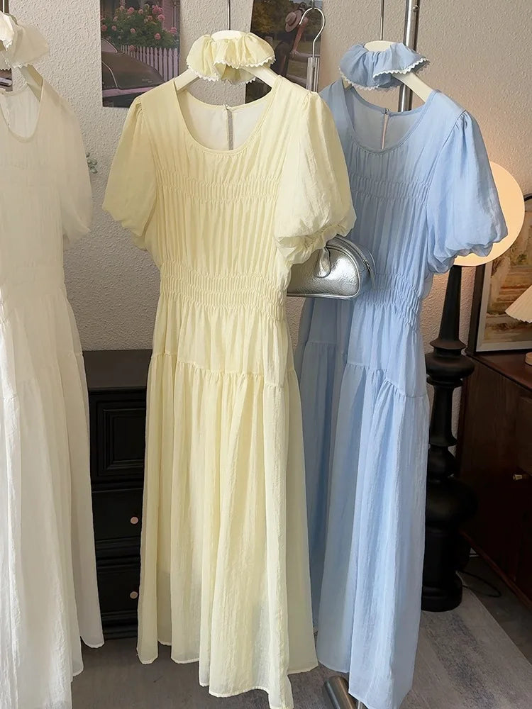 Temperament Dress 2025 Summer Korean Edition Reduced Age Bubble Sleeve Hundred Fold Waist Long Dress