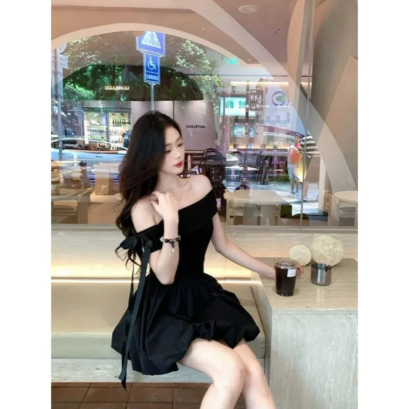 Black Off Shoulder Mini Dress With Bow Decor Ruched Waist Flared Silhouette For Women