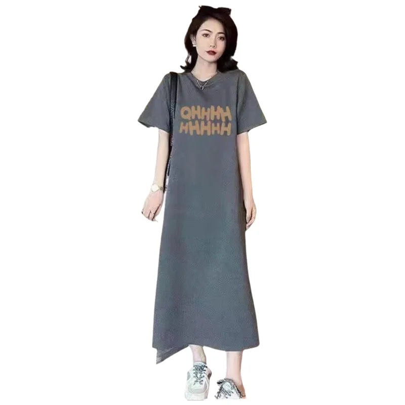 plus Size Long Knee-Length Summer Dress Women's Short Sleeve round Neck Loose Fit Knitted Fabric Straight Cut Casual Style