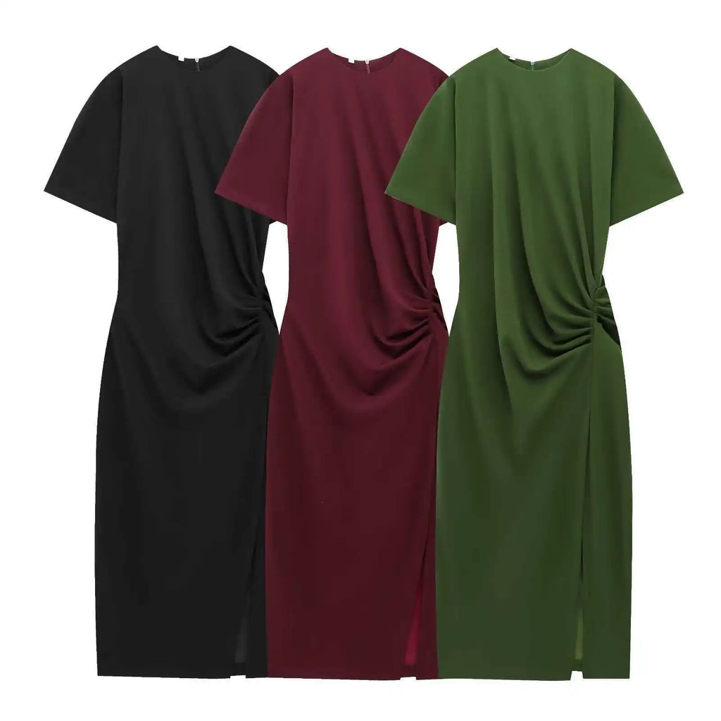 Summer Women's Midi Dress Slit Short Sleeve Pleated Cross-Border Street Style Polyester Solid Color Basic round Neck Loose Waist