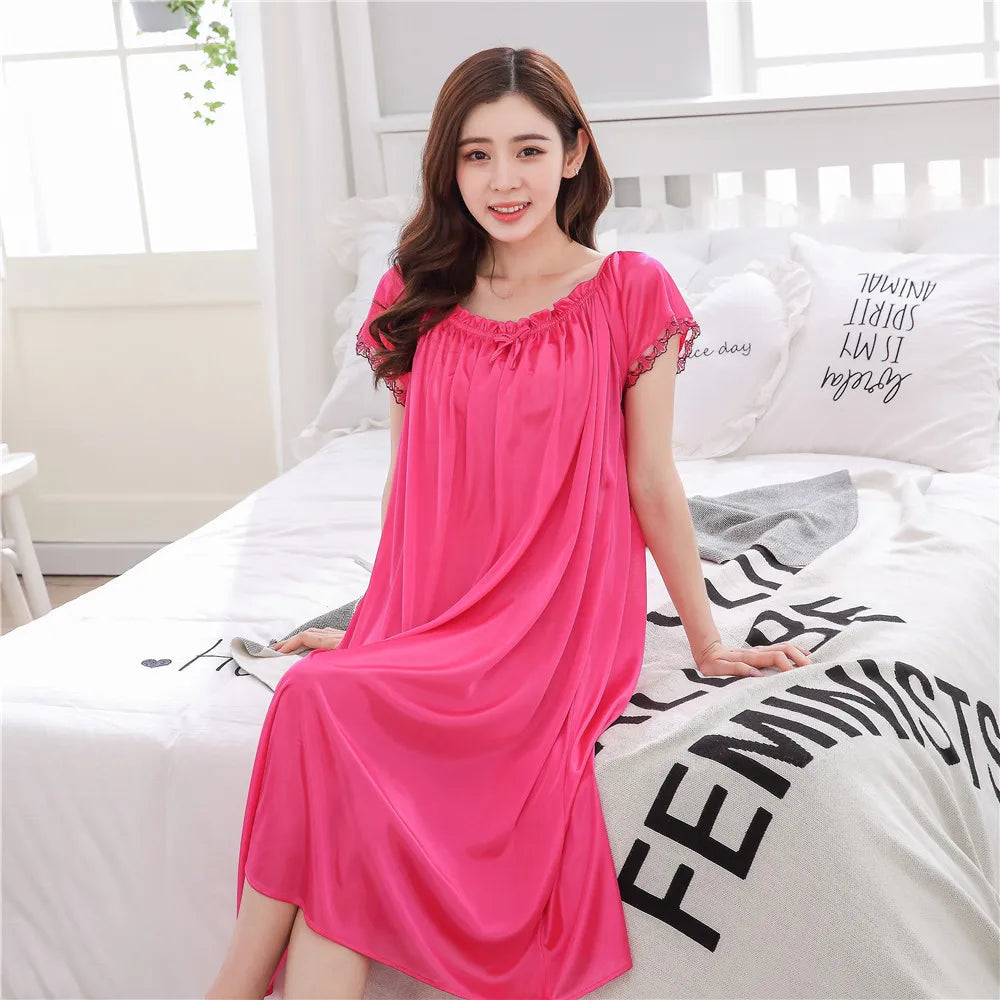 2026 New Women's Summer Imitation Silk Sleeping Skirt Multi Colored Short Sleeved Home Clothes Ice Silk Pajama Dress