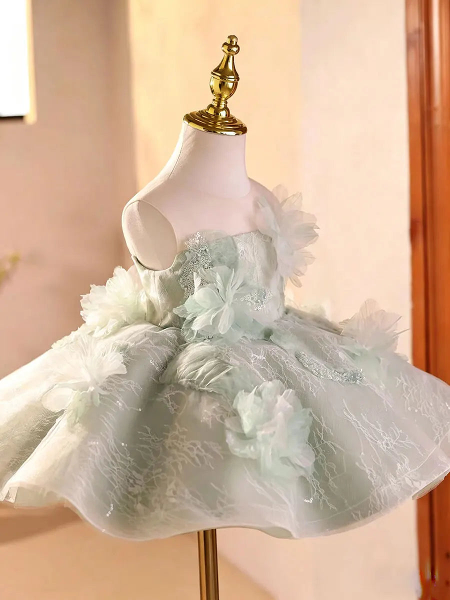 Dreamy Vow D259 Sage Green Flower Girl Dress 3D Floral Applique Kids Wedding Dress Puffy Tulle Princess Gown for Girls Birthday