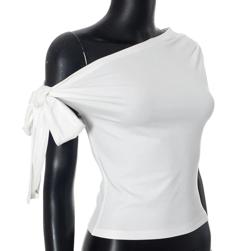 Women's Summer One-Shoulder Crop Top Asymmetric Pleated Design Backless Twist Tie Casual T-Shirt for 2025 Fashion Ins Style