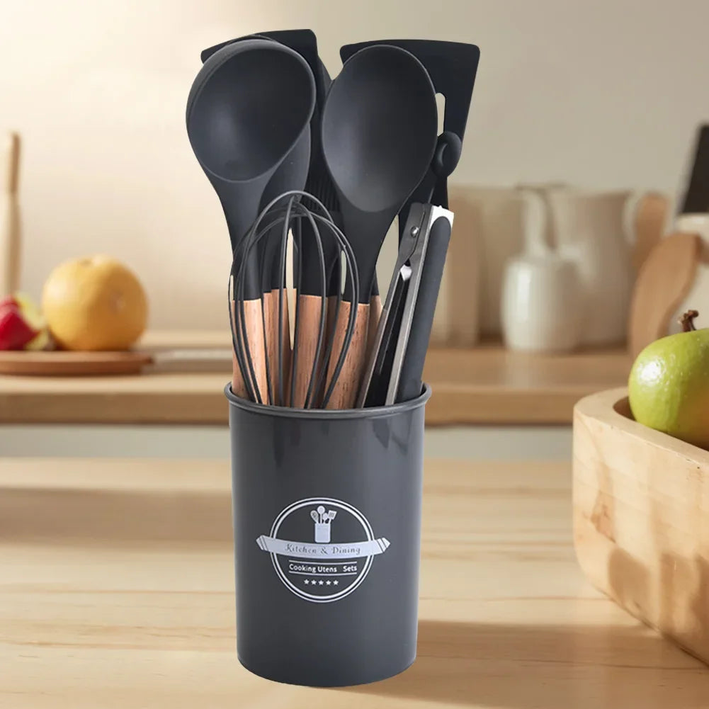 12Pcs Kitchen Utensil Set Silicone Spatula Set Wooden Handle Cooking Tools Kit with Holder Heat-Resistant Cookware for Kitchen