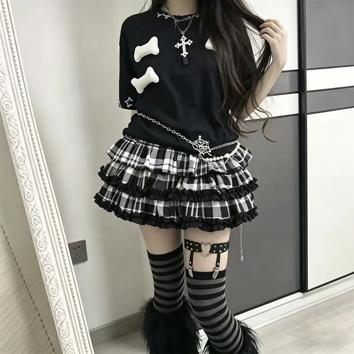Y2K Black White Print Mini Skirt Women Slim Design Ruffle Layered A Line Skirt Elastic Waist Harajuku Pleated Short Piano Skirts