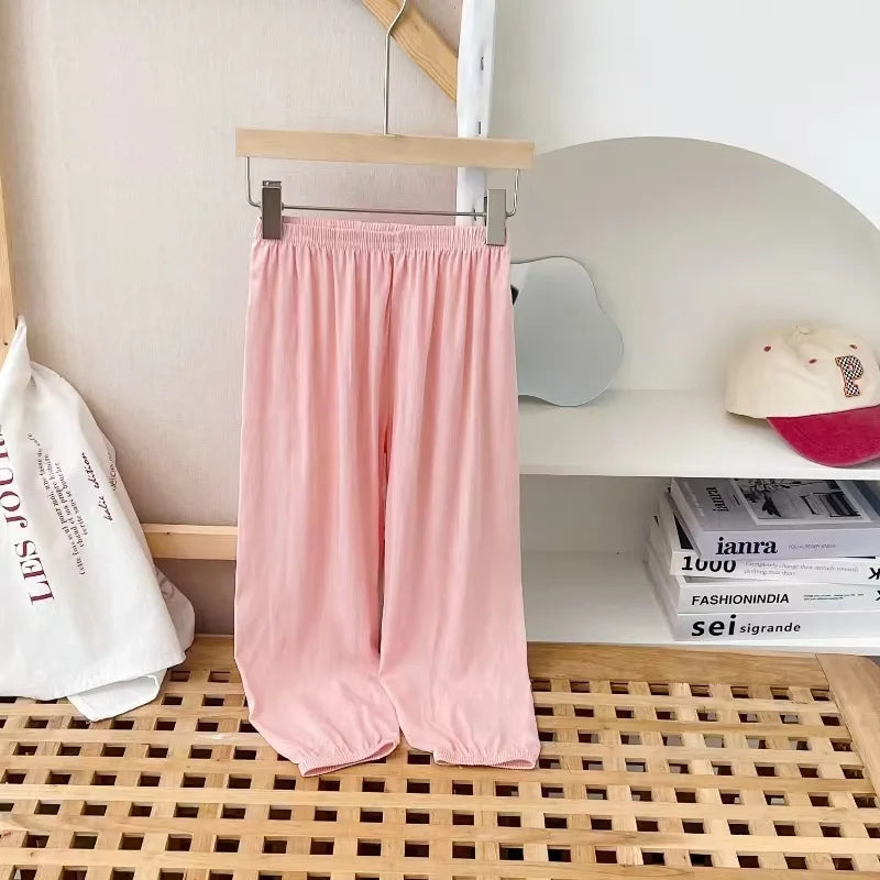 Children's Unisex Ice Silk Casual Pants - Cartoon Print Summer Home