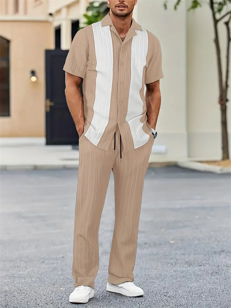 Mens Geometric Color Block Short Sleeve Two Piece Set For Autumn Casual Comfort And Fashion