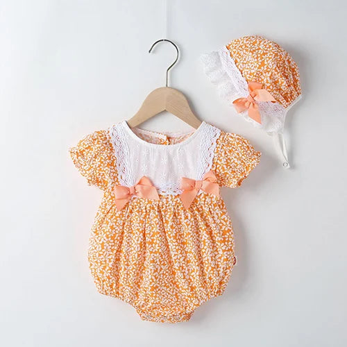 Baby Girl Sleeveless Romper and Hat Set - Cotton Print, 0-24M