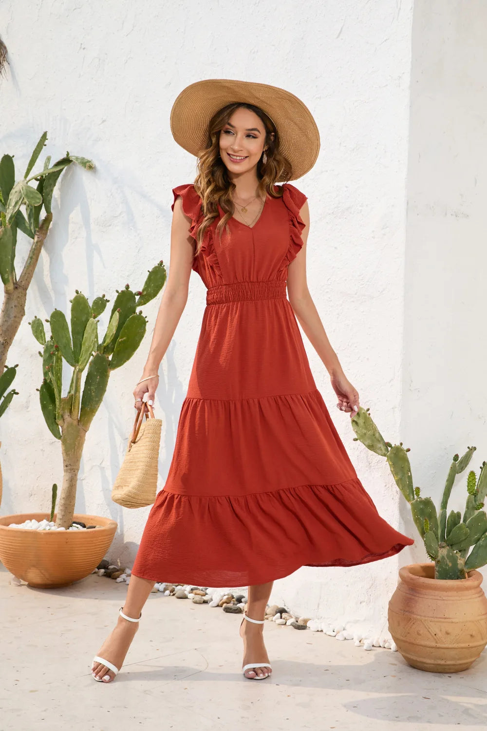 VigoCasey 2026 Summer Female Solid Long Dress Women Sexy Ruffle Sleeveless V Neck Long Dress Lady Casual High Waist Dresses
