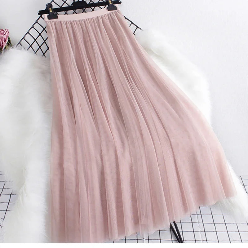 New large hem chiffon long skirt for women's Korean casual simple solid color three-layer A-line high waisted long skirt