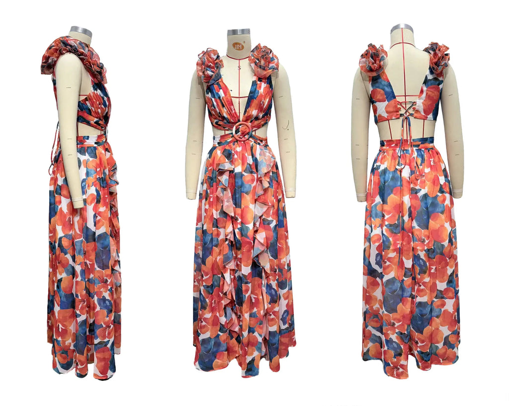 Floral Dress Women Spring Summer Deep V Neck Ruffle Hem Hollow Out Backless Maxi Dresses Bohemian Beach Sundress Outfit