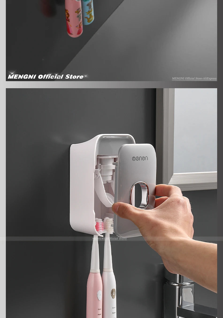MENGNI Dispensador de pasta dental montado en la pared, exprimidor de pasta dental para baño sin perforaciones, soporte para cepillos de dientes, funcionamiento manual