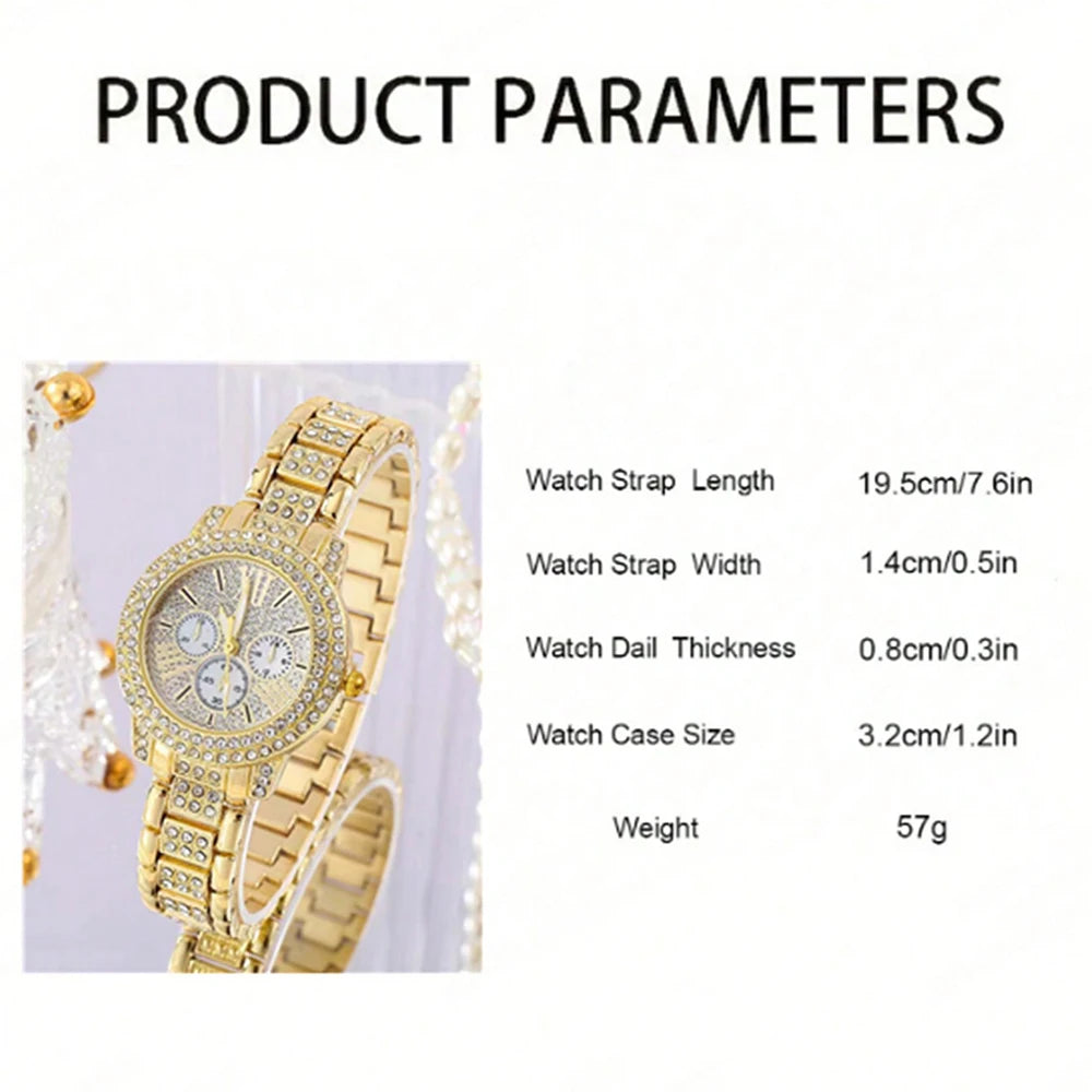 Women'S'S Quartz Watch Gold Luxury Women'S Ring Necklace Earring Rhinestone Fashion Wristwatch Casual Ladies Watches Jewelry Set ﻿