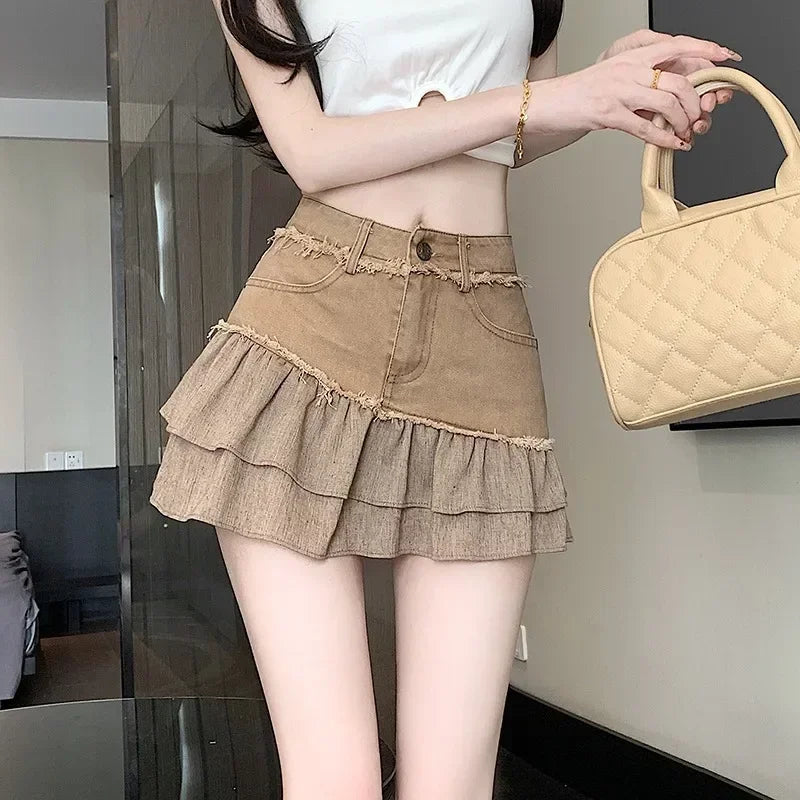 Fashion 2025 New Denim Patchwork Ruffle Denim Skirts Women Summer Retro High Waist Slim Skirts Woman