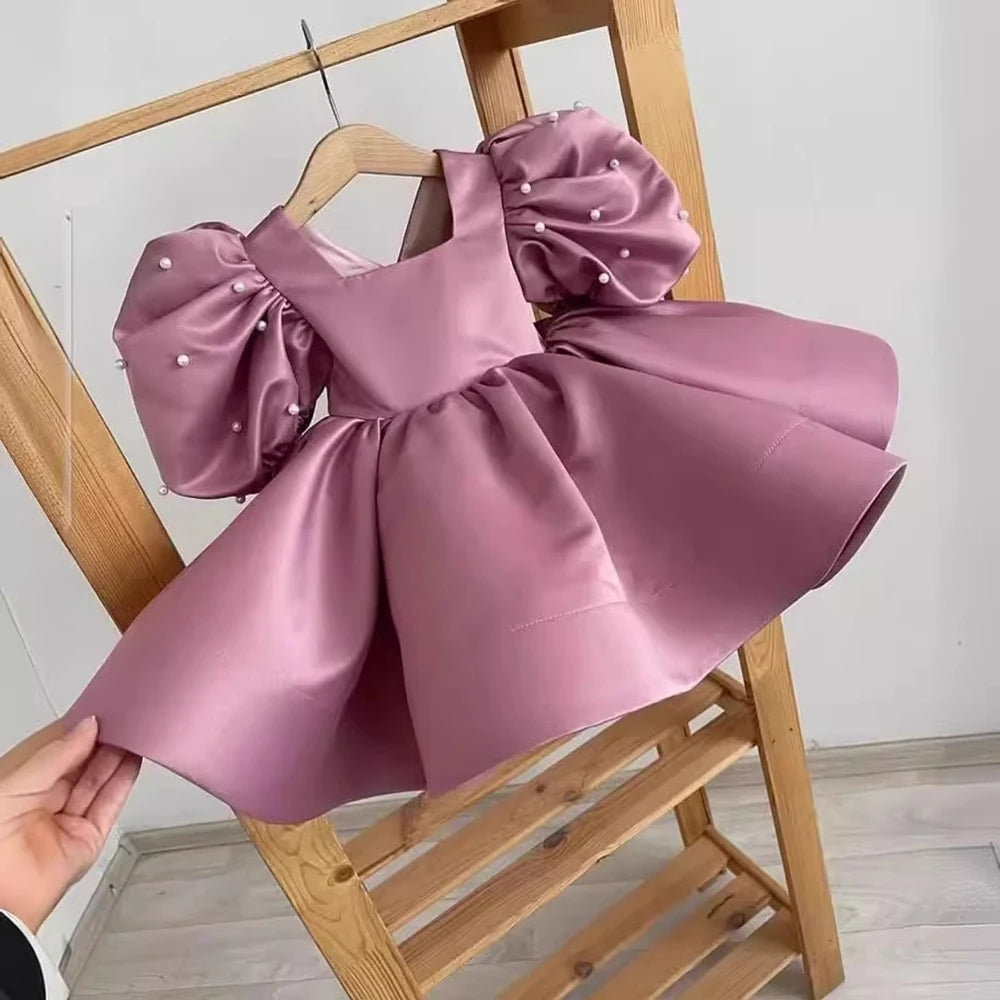 HETISO Fashion Baby Girl Dress Beading Puff Sleeve Children Satin Princess Dress For Vestido Pageant Kids Party Birthday Gown