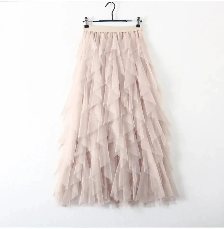 Women's High Waist Mesh Pleated A-Line Tutu Skirt - Mid-Calf