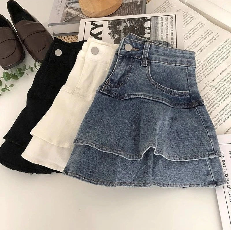 Girls Kids Stretch Denim A Line Skirt Puffy Layered Mini Skirt Summer 2026 Korean Style Fashion Casual Party School Wear